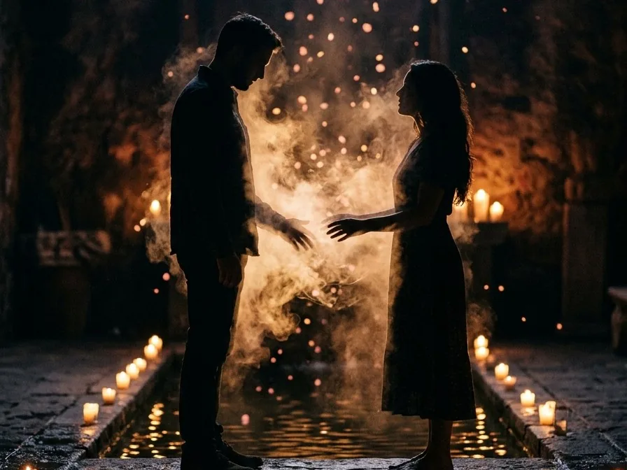 Two people facing each other by candlelight at night