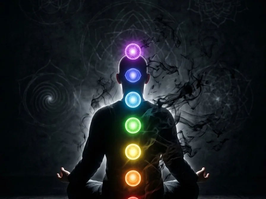 Seated figure in meditation with the seven chakras lit along the spine